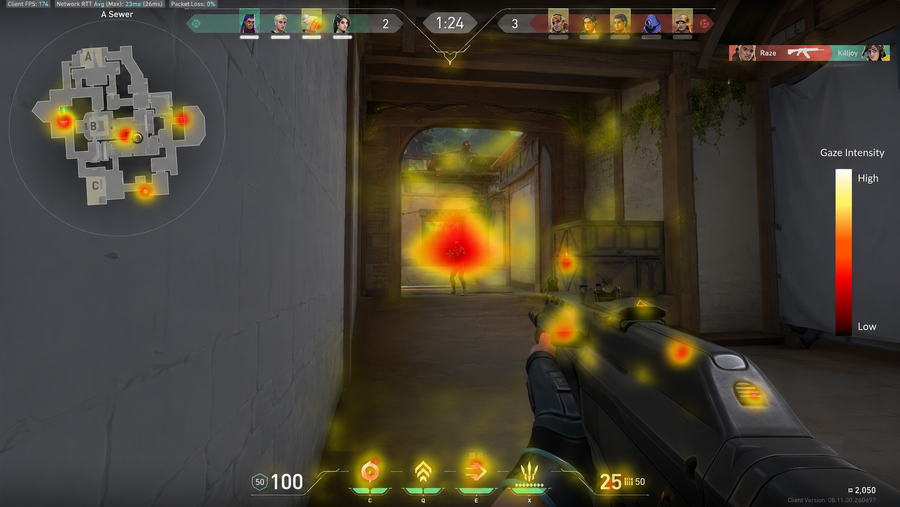 Gaze heatmap overlay on Valorant gameplay